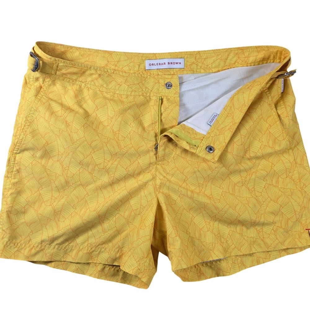 Orlebar Brown Bulldog Yellow Tropical Palm Leaf Swim Trunks Shorts Size 34